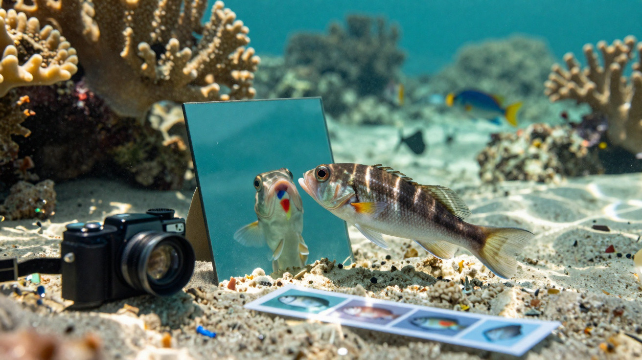 Peixe olhando para um espelho no fundo do mar com uma câmera e fotos ao redor.