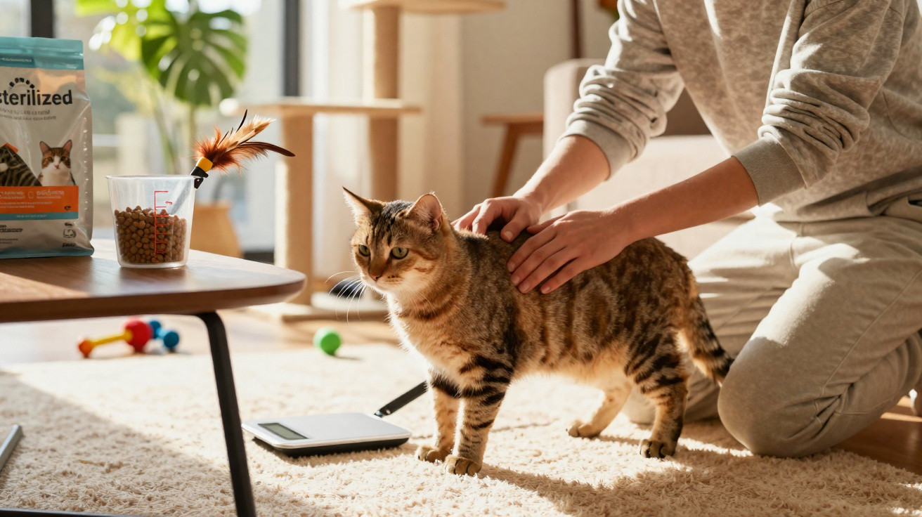 Pessoa fazendo carinho em gato tabby em ambiente interno com brinquedos e alimento para gato ao fundo.
