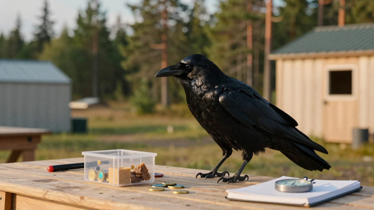 Corvo preto pousado em mesa de madeira com moedas, bloco de anotações e caneta ao ar livre.