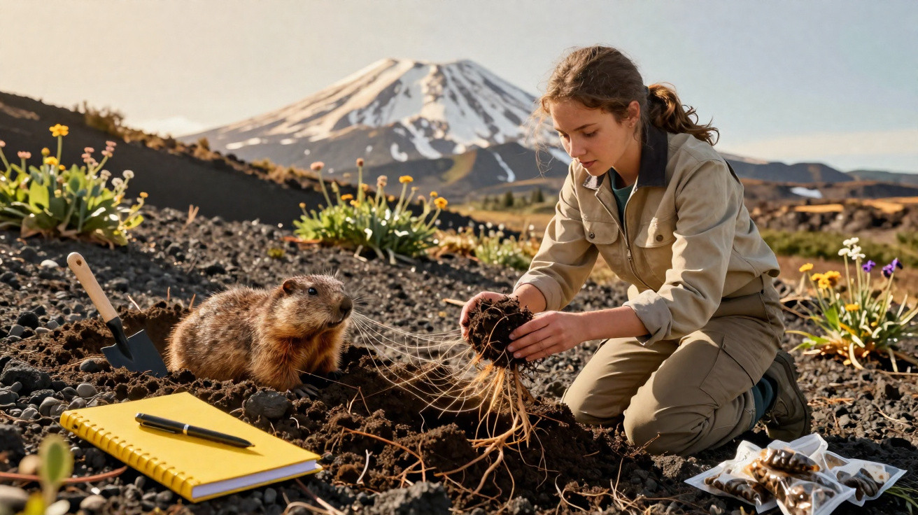 Jovem mulher coleta raízes na terra com marmota próxima, flores silvestres e montanha nevadas ao fundo.