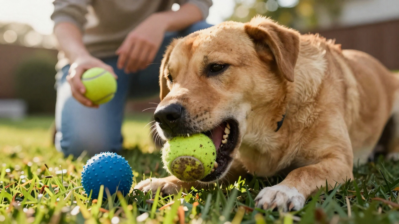 Cachorro marrom mordendo bola de tênis na grama enquanto pessoa segura outra bola ao fundo.