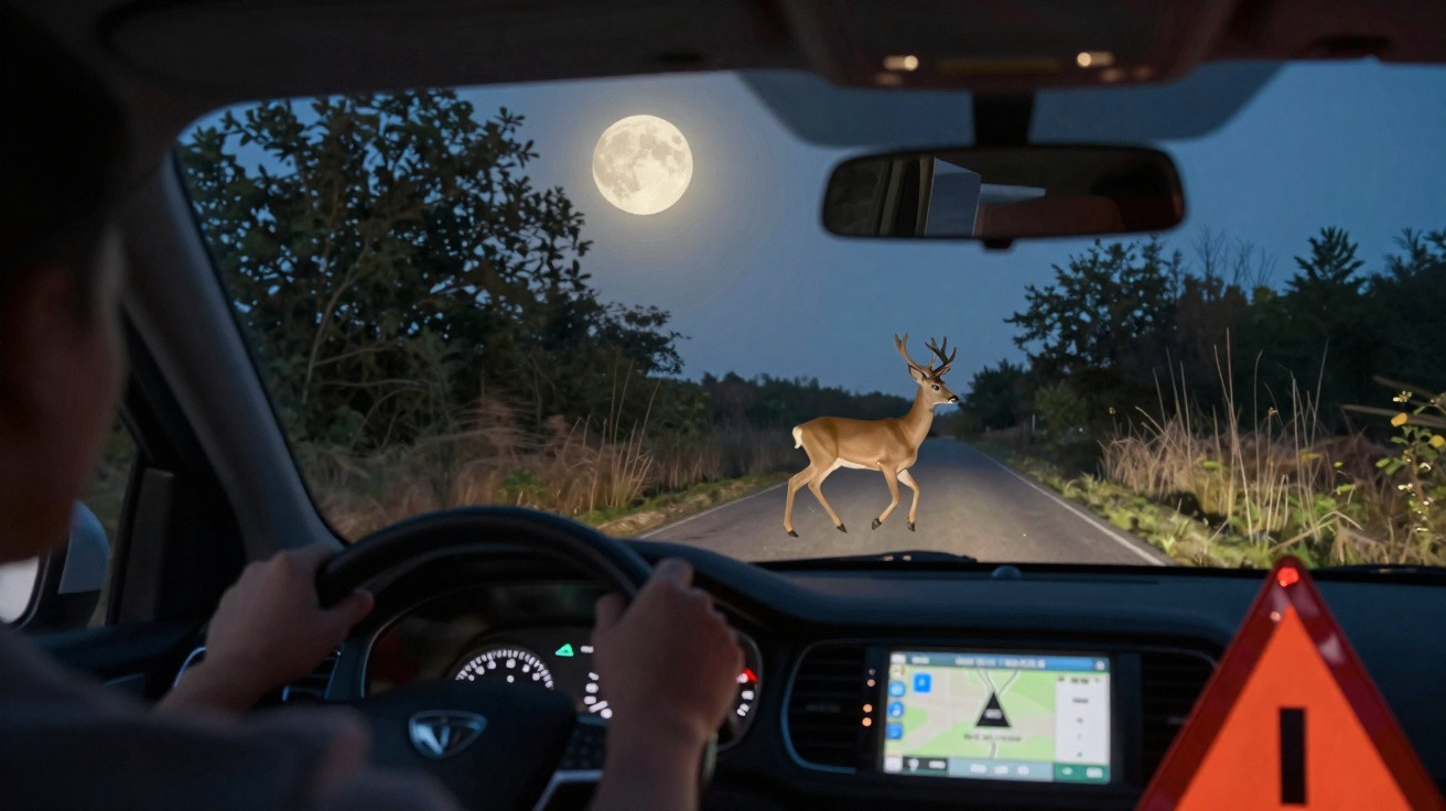 Motorista vê um veado atravessando a estrada à noite sob a lua cheia, com placa de sinalização no carro.