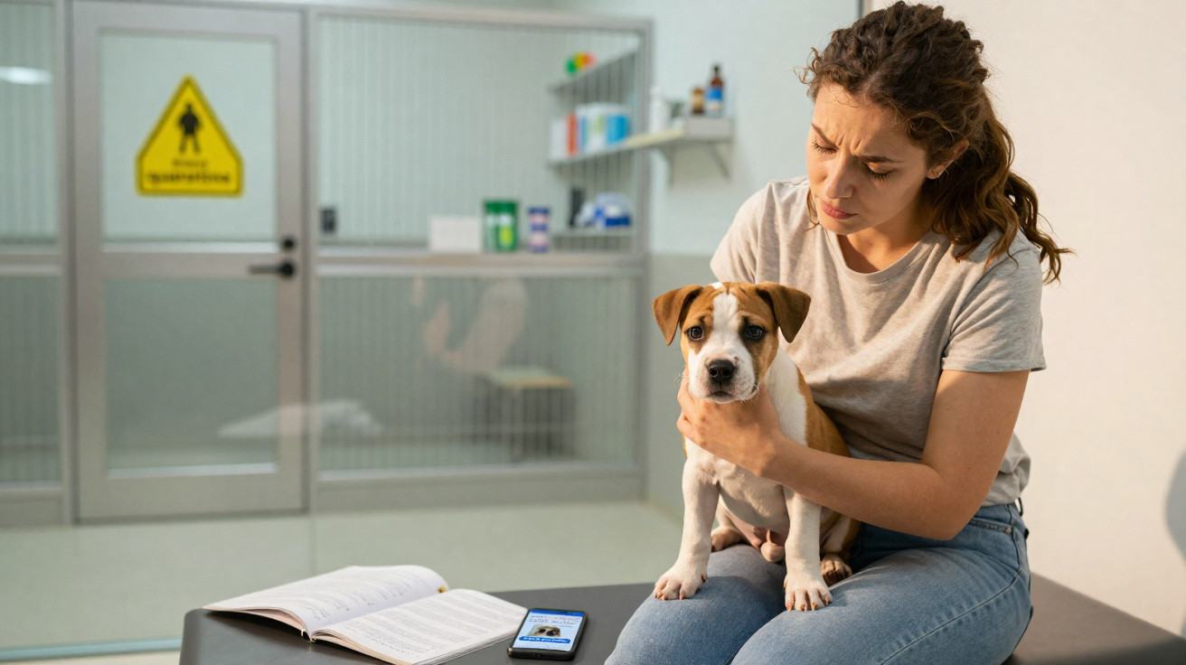 Mulher sentada em clínica veterinária segurando filhote de cachorro com expressão preocupada.