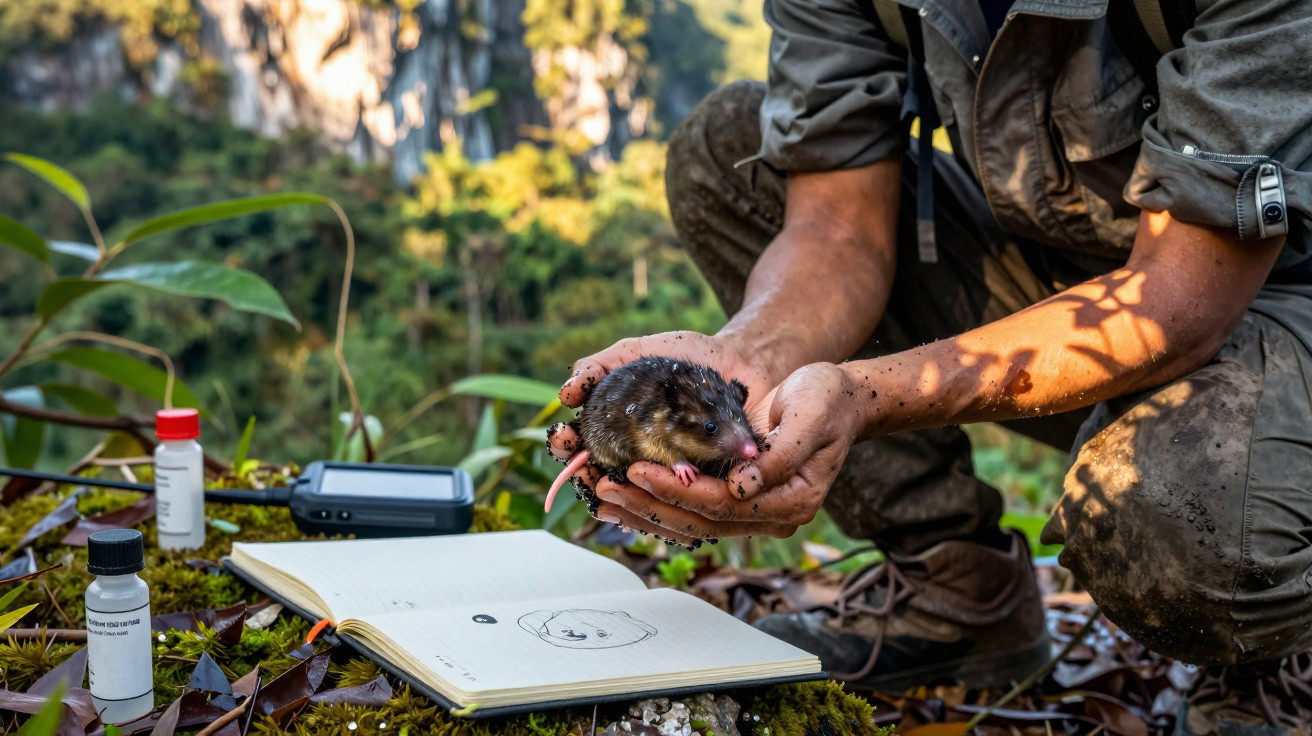 Pessoa segurando um rato da floresta com equipamentos de pesquisa e caderno aberto em ambiente natural.