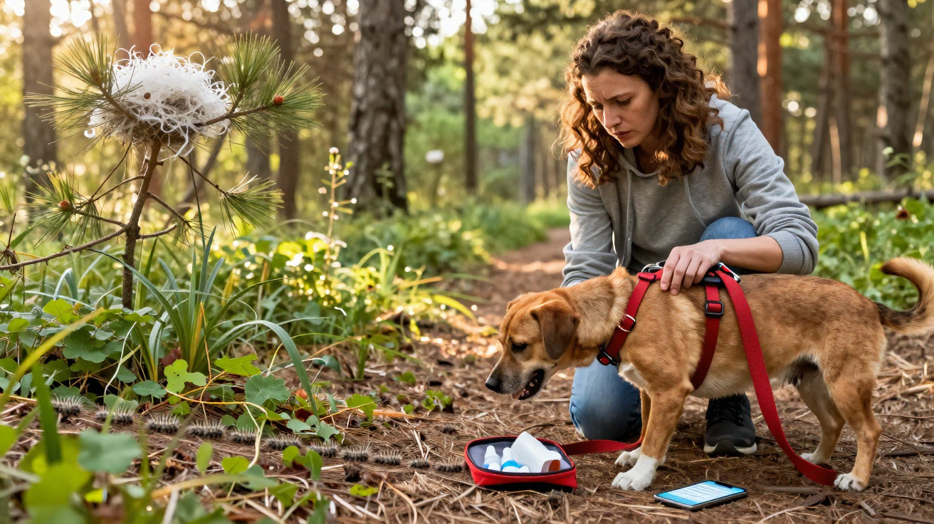 Mulher com moletom cuida de cachorro com guia vermelha em trilha na floresta, com kit de primeiros socorros no chão.