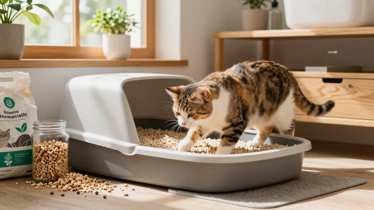 Gato em caixa de areia cinza com comida e plantas ao fundo em ambiente iluminado.