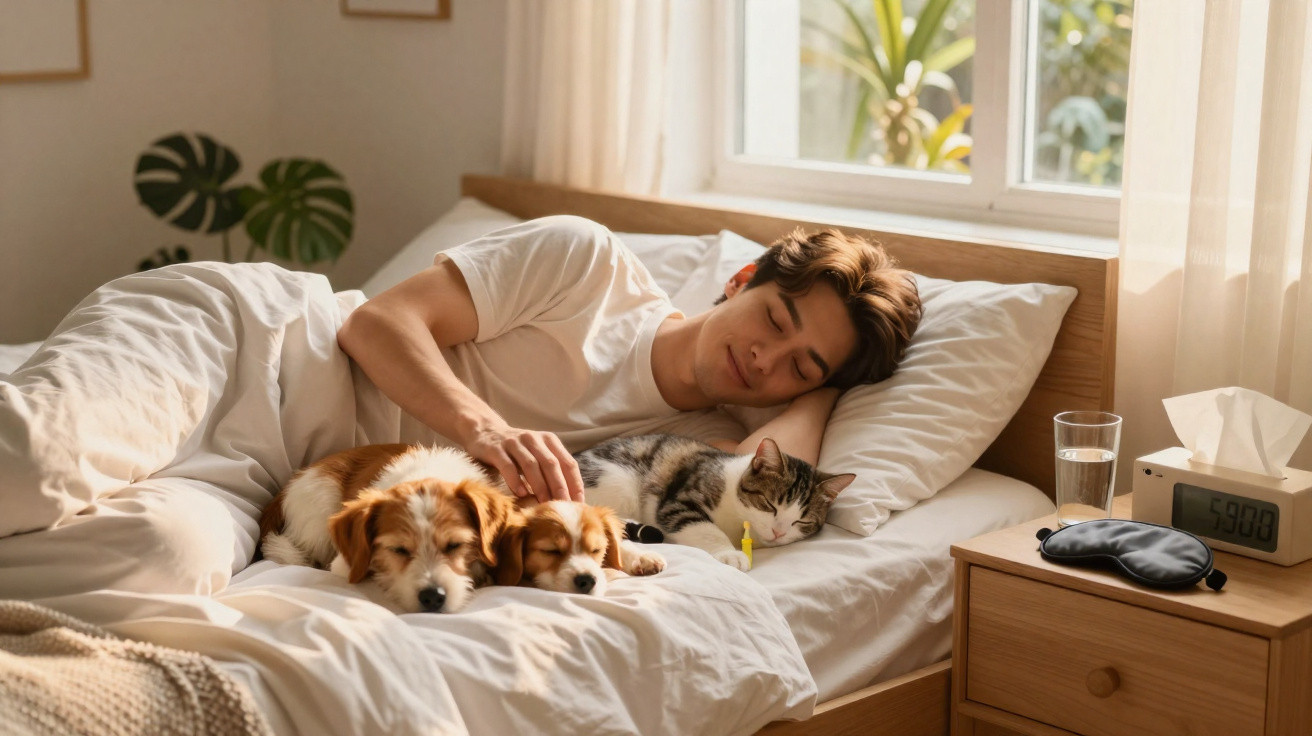 Homem deitado na cama com dois cachorros e um gato, em ambiente iluminado por luz natural.