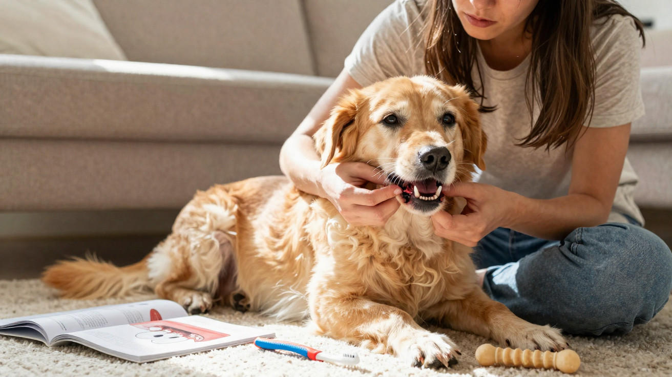 Mulher sentada no chão escovando os dentes de um cachorro dourado em sala de estar.