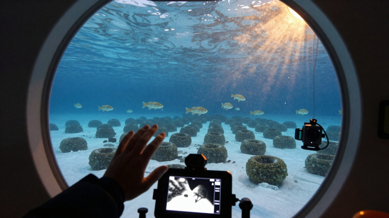 Vista subaquática de recife artificial com peixes vista por janela de submarino com mão e equipamento à frente.