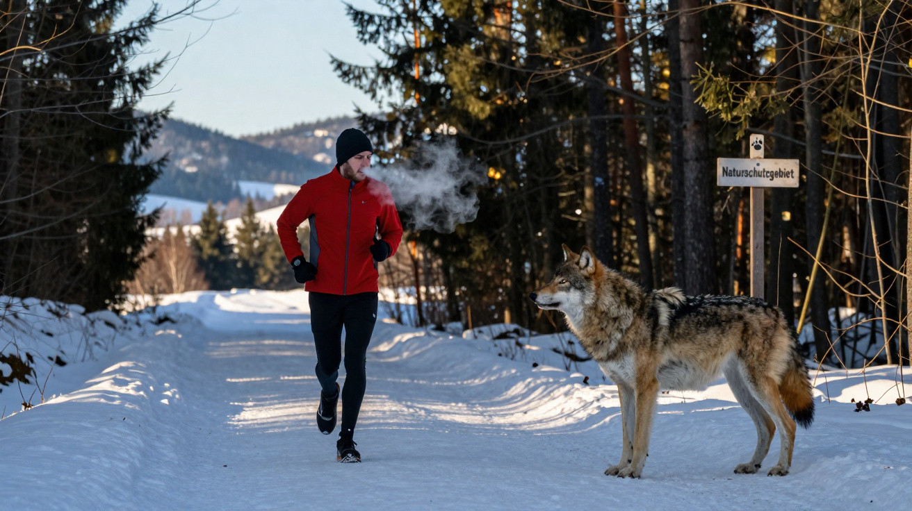 Homem correndo na neve e encarando um lobo em trilha cercada por árvores no inverno.