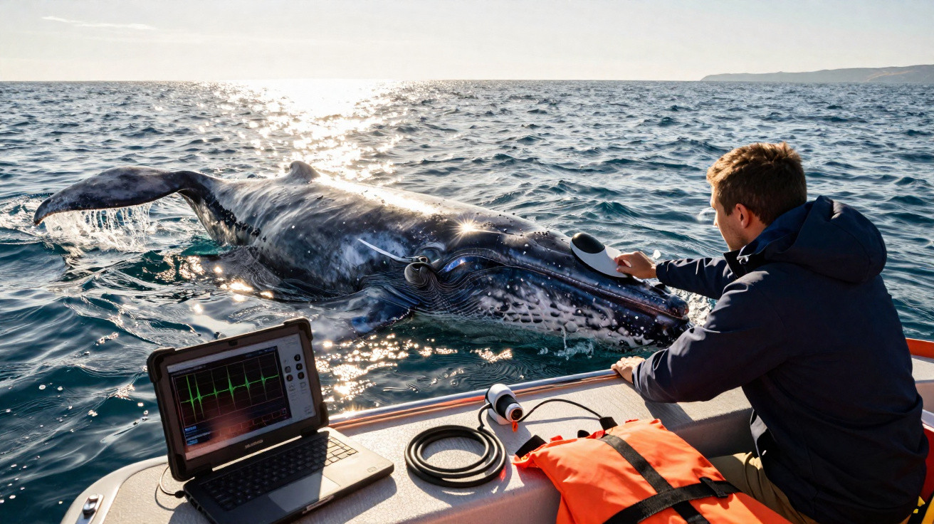 Cientista em barco faz exame em baleia na superfície do mar com equipamento de monitoramento ao lado.