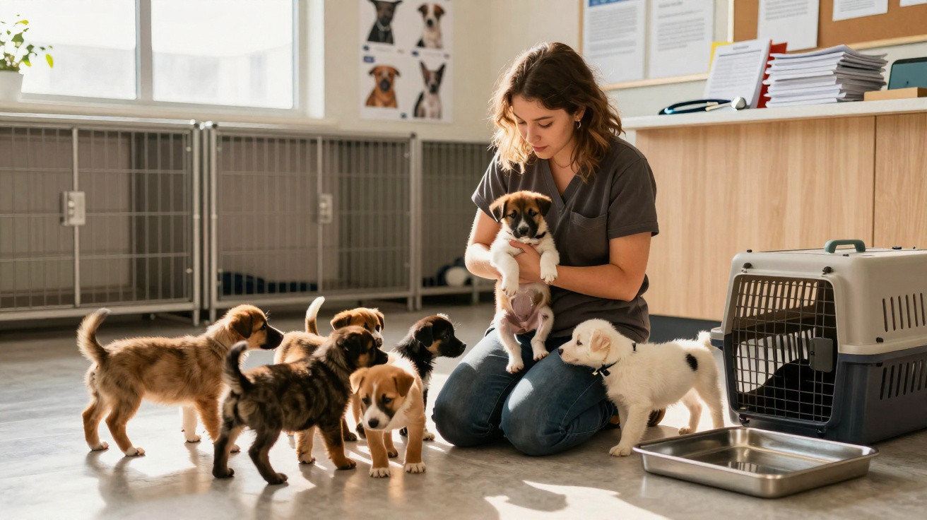 Mulher com uniforme cinza segura filhote enquanto outros brincam no chão de clínica veterinária.