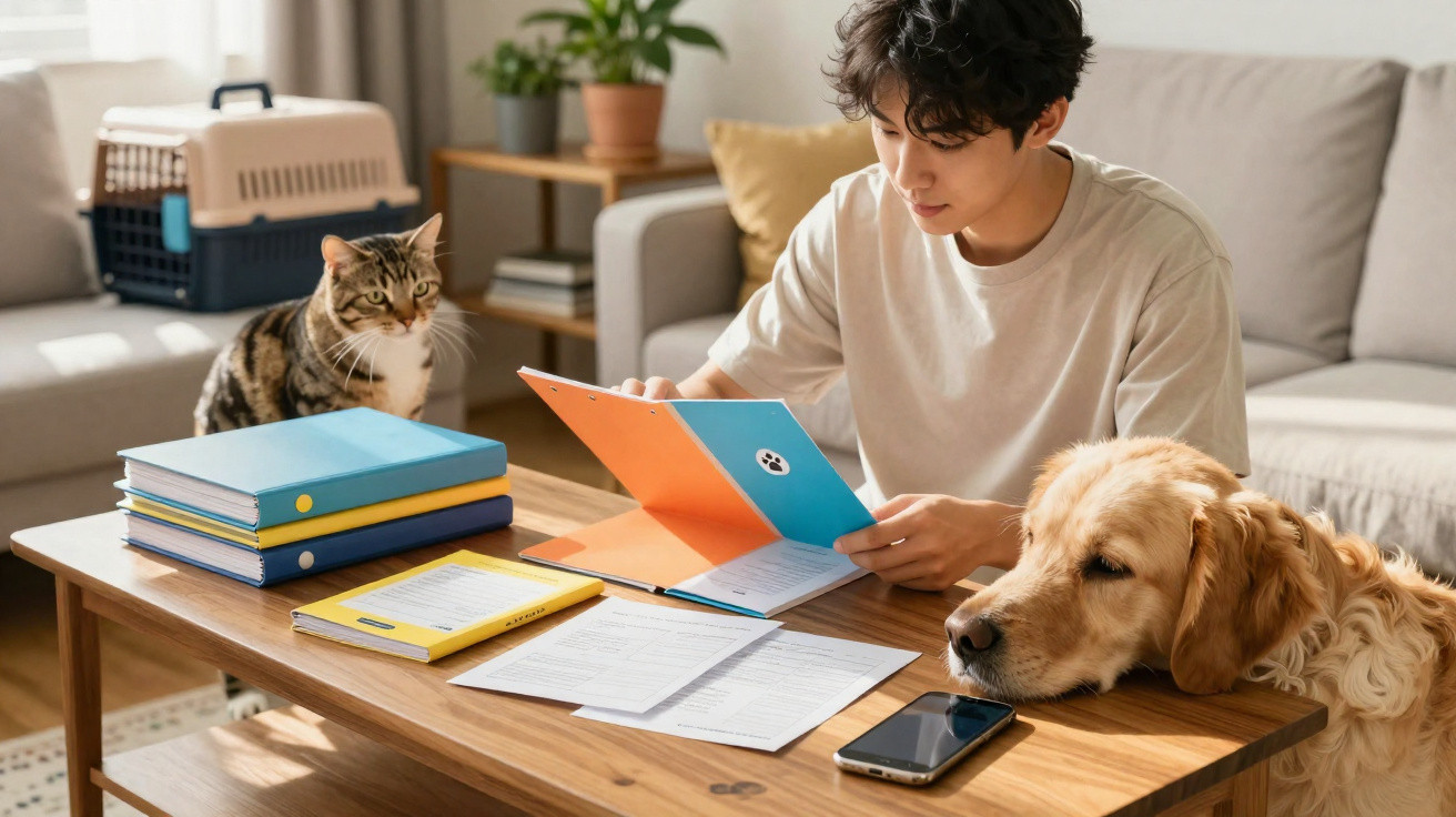 Jovem lendo documentos à mesa com cachorro deitado e gato observando ao lado em sala de estar.