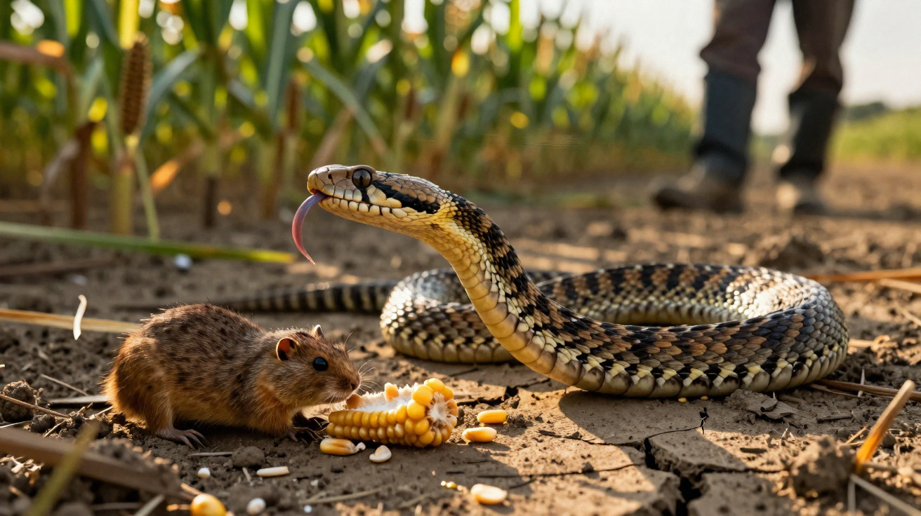 Cobra enrolada na terra com língua de fora perto de camundongo e espiga de milho roída.