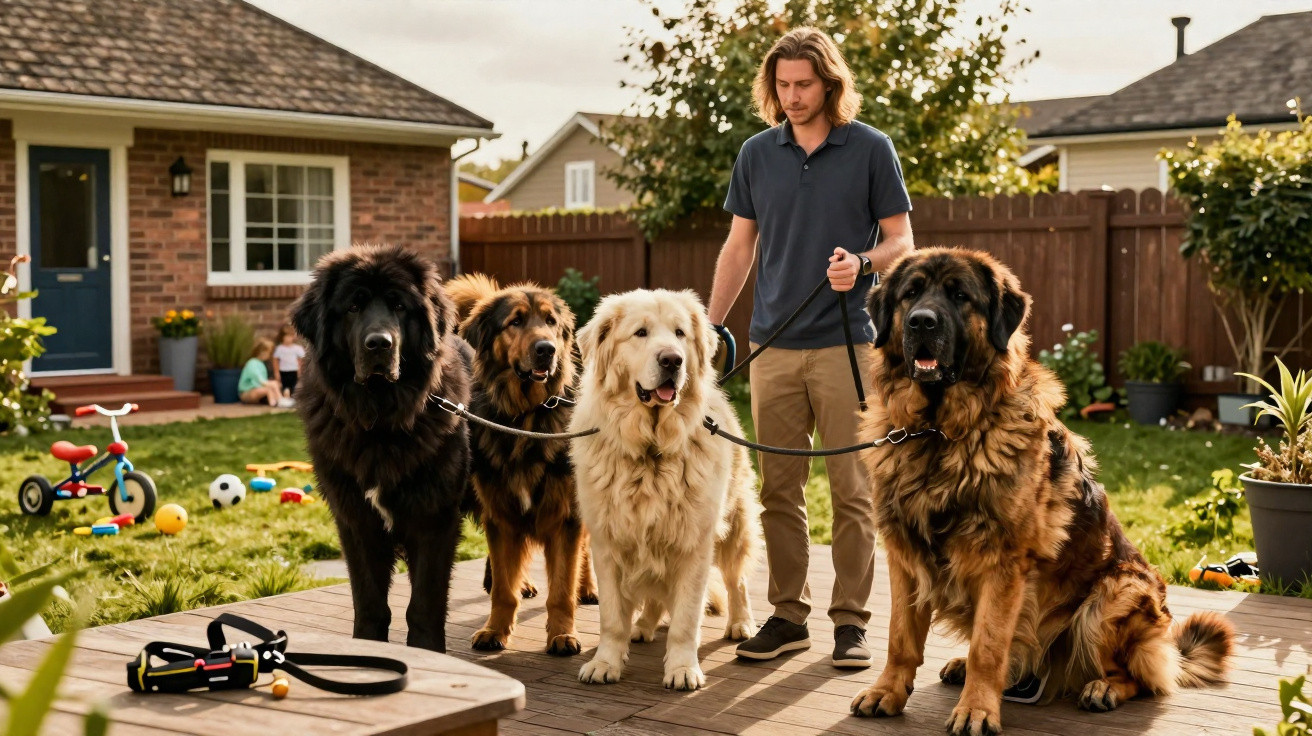 Homem com quatro cachorros grandes em um quintal de casa com brinquedos espalhados.