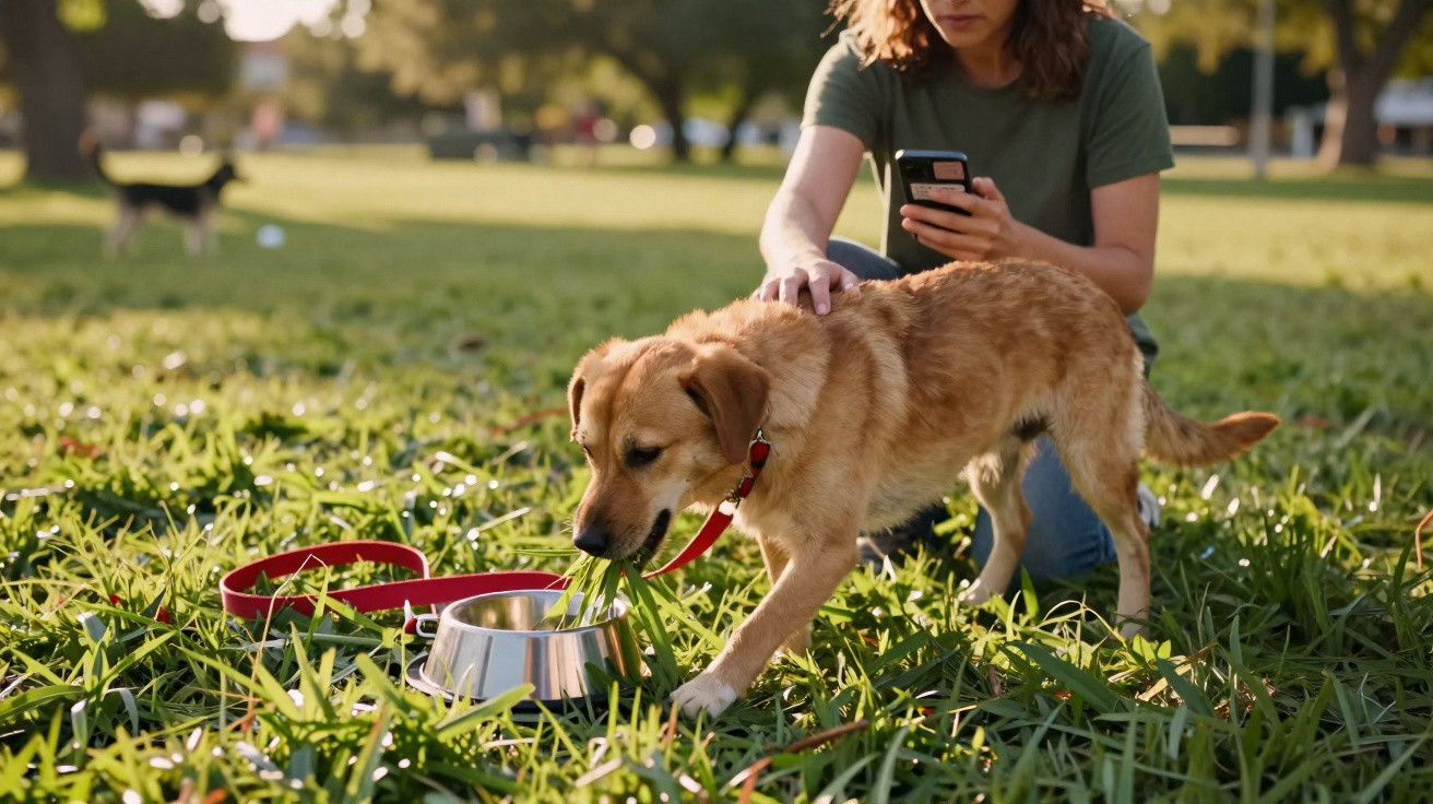 Mulher sentada ao ar livre com cachorro bebendo água em bebedouro no parque.