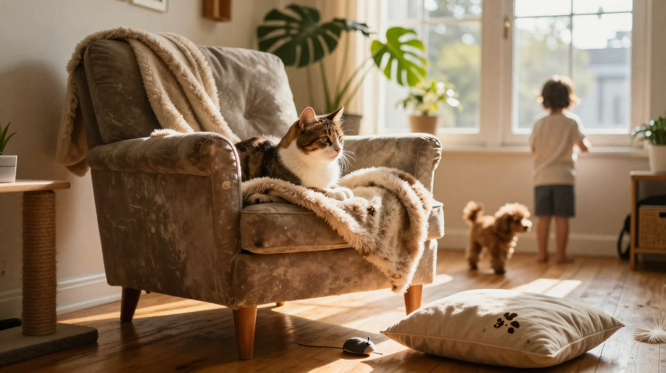 Gato deitado em poltrona com manta, criança e cachorro olhando pela janela em sala iluminada.