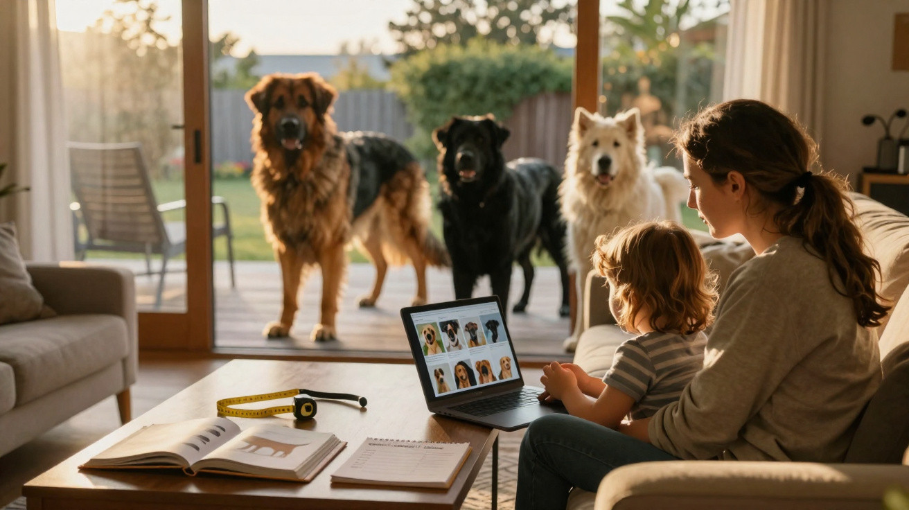 Mulher e criança sentados no sofá com laptop, três cães observando pela porta de vidro aberta.