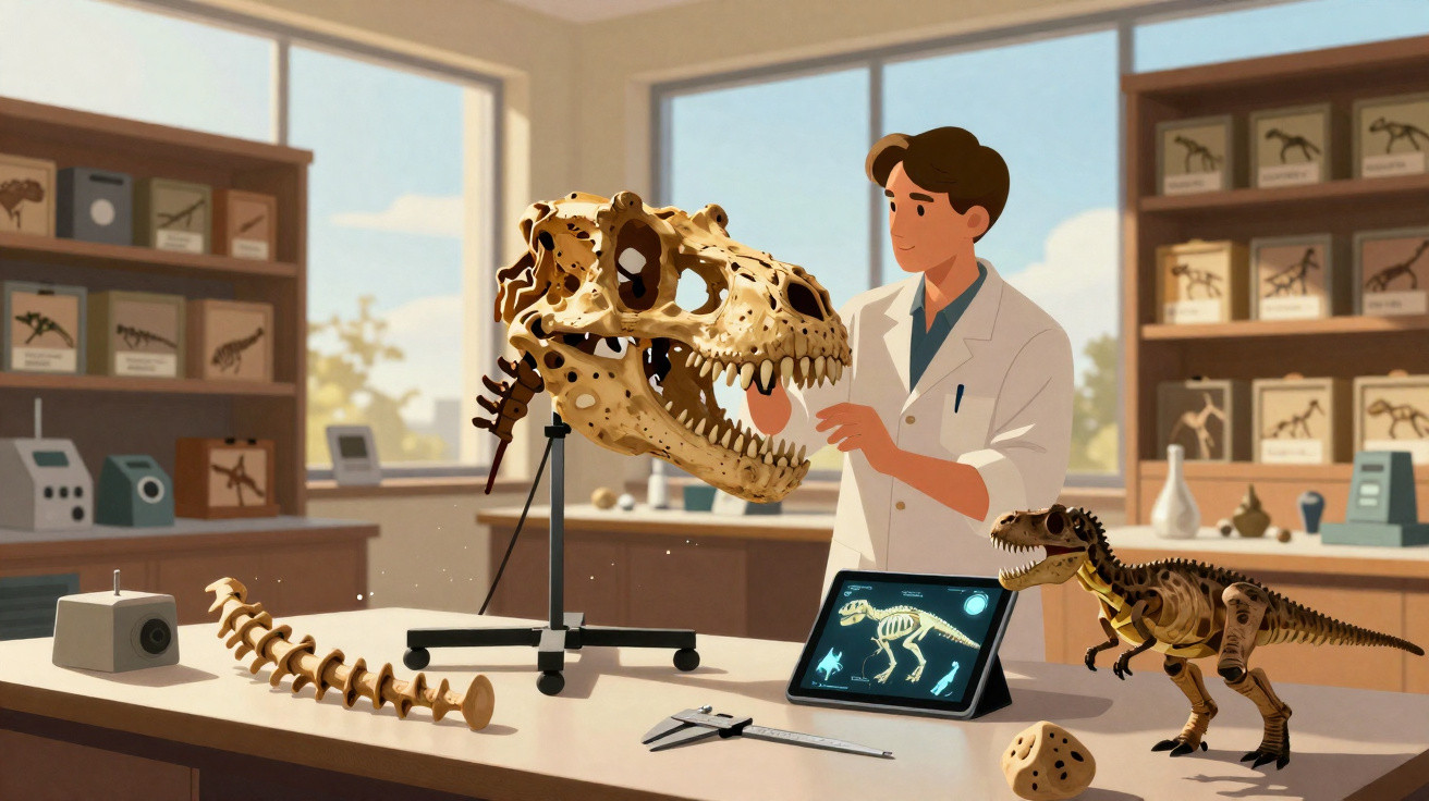 Cientista analisando crânio de dinossauro e modelo em laboratório com esqueleto e tablet.