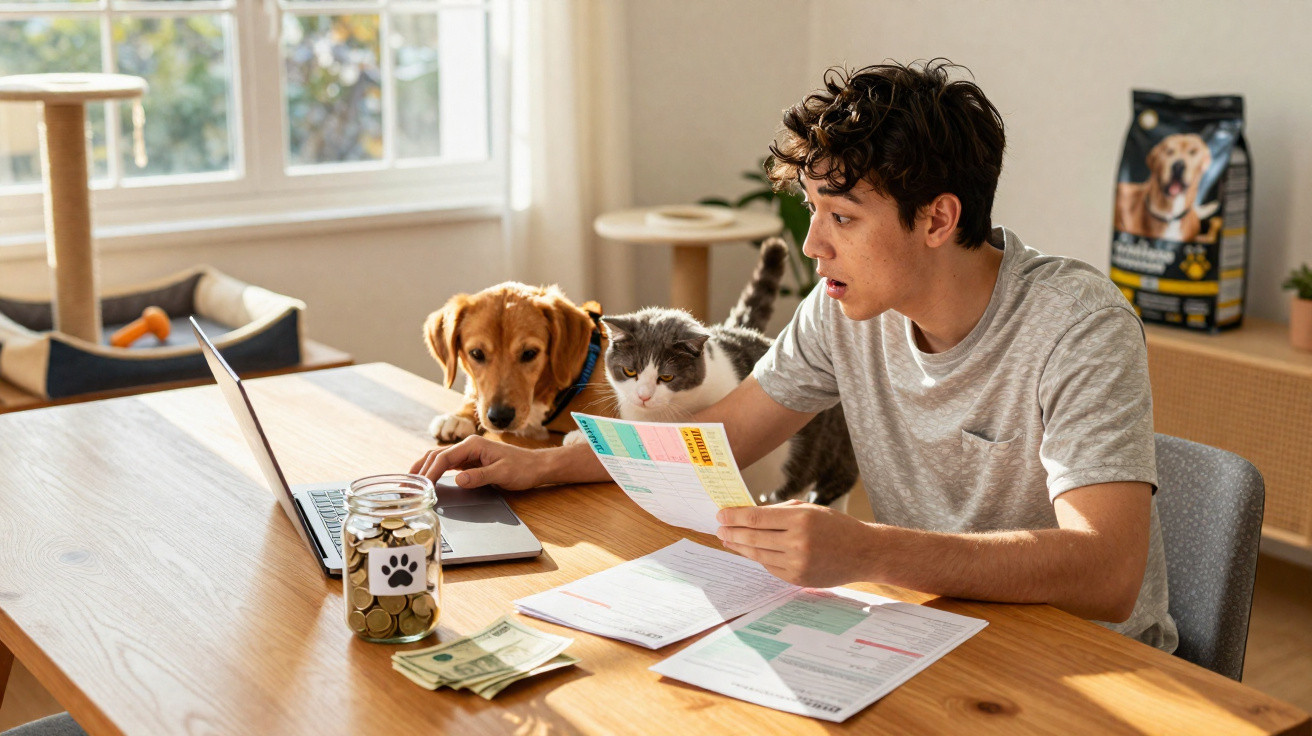 Jovem lendo contas em mesa com cachorro e gato observando perto de laptop e dinheiro.