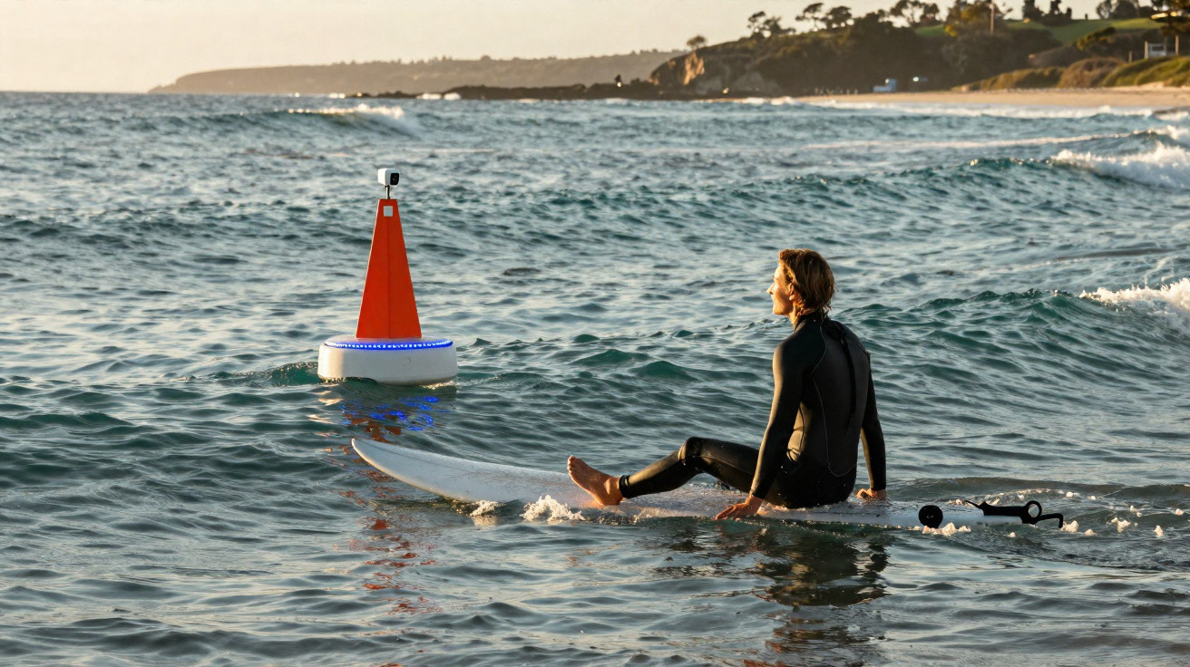 Surfista sentado em prancha próximo a uma bóia laranja com luzes azuis no mar ao entardecer.