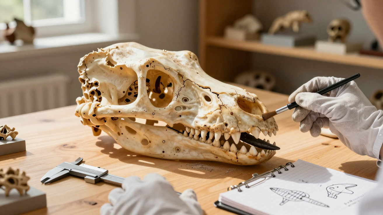 Cientista com luvas limpando um crânio animal grande em mesa com desenhos e instrumentos de medição.