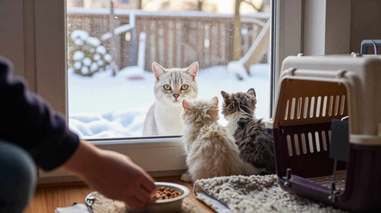Gato cinza olhando pela porta de vidro enquanto dois filhotes dentro de casa observam comida sendo colocada.