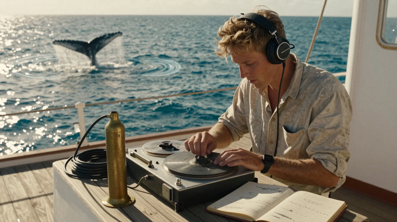 Homem usando fones de ouvido toca disco em toca-discos em barco no mar, com baleia apareceu ao fundo.