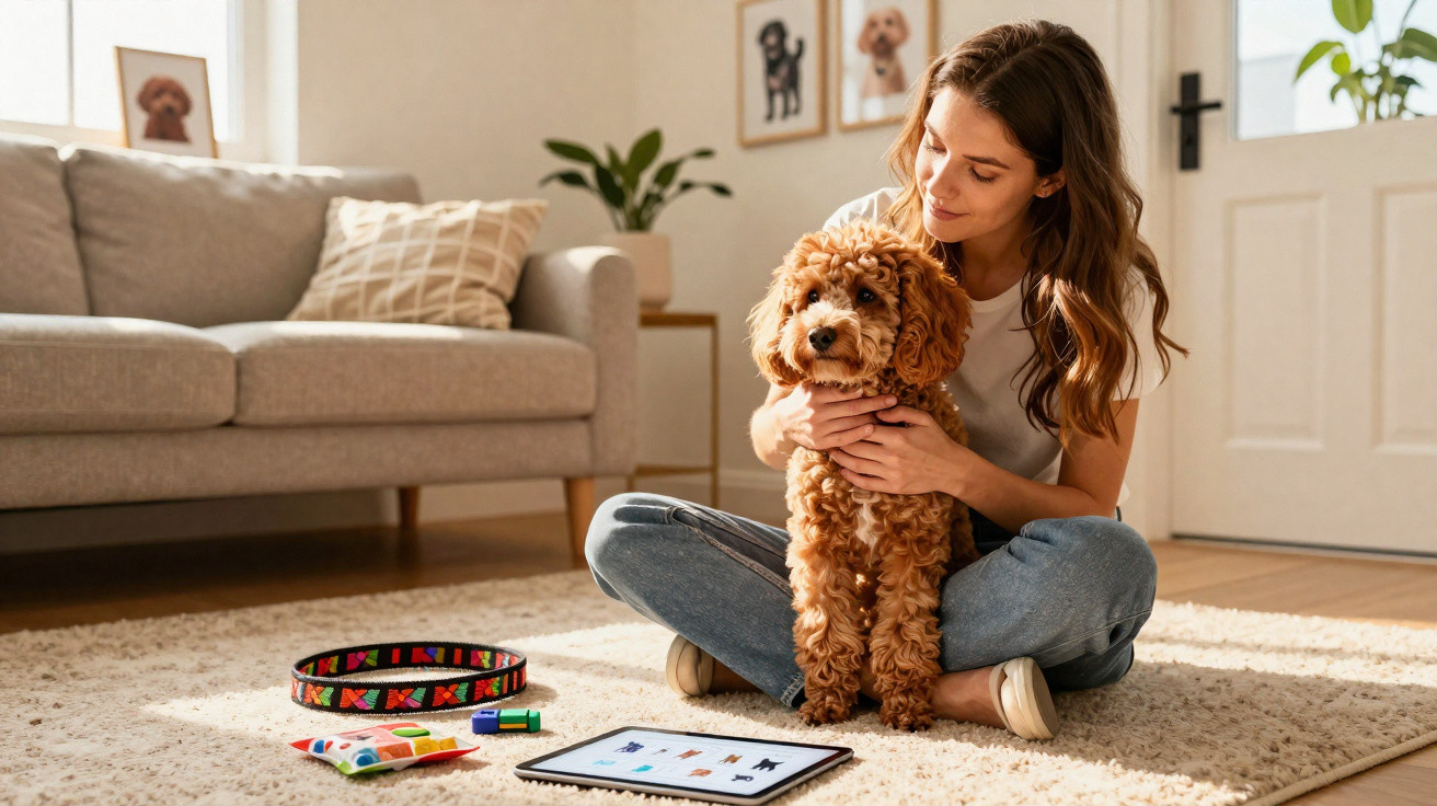 Mulher sentada no chão abraçando cachorro pequeno em sala com coleira, brinquedo e tablet à frente.