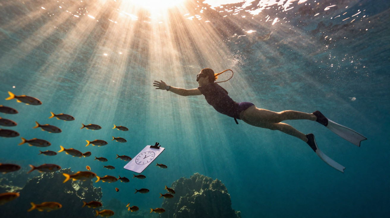 Mergulhador com snorkel e nadadeiras nada próximo a cardume e prancheta com desenho de relógio embaixo d'água.