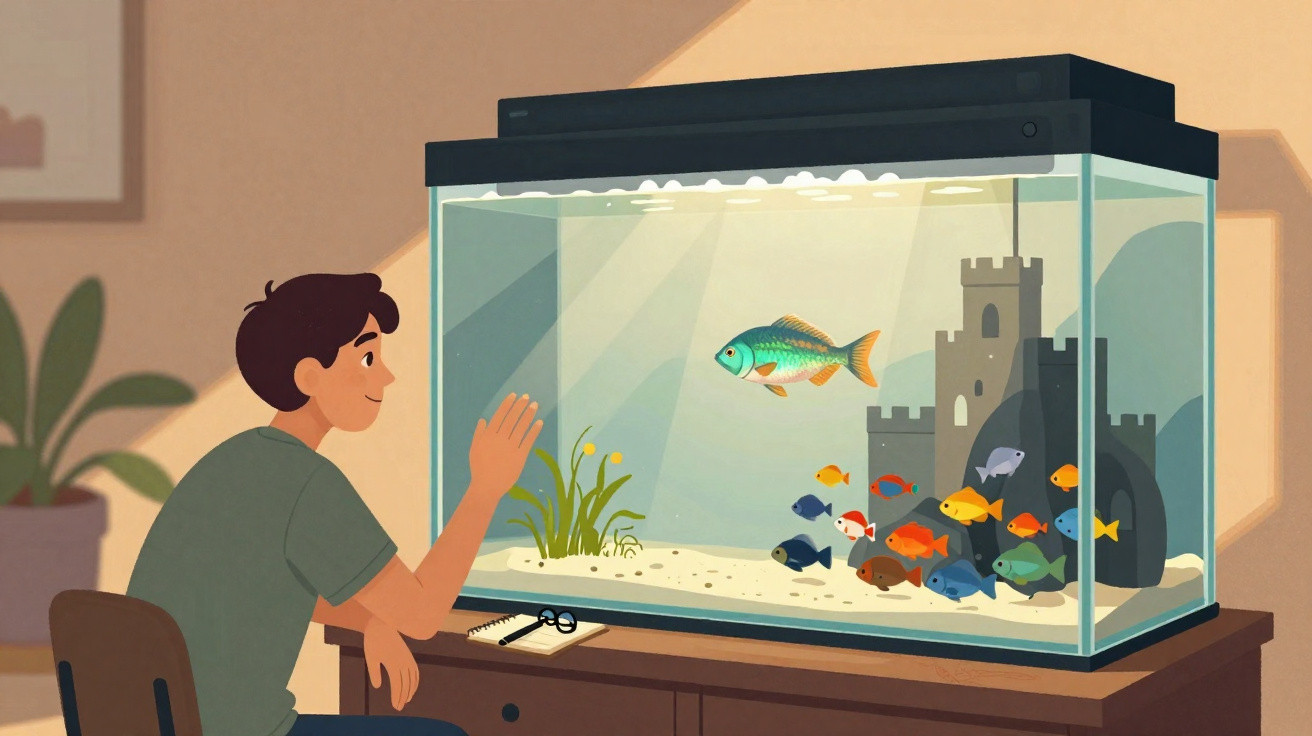 Jovem sentado e observando aquário com peixes coloridos e castelo decorativo dentro de casa.
