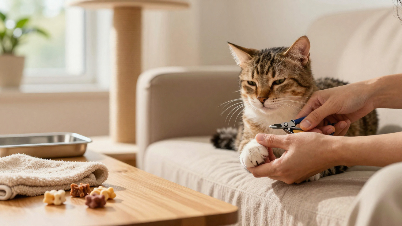 Pessoa aparando as unhas de gato listrado sentado em sofá claro em ambiente doméstico.