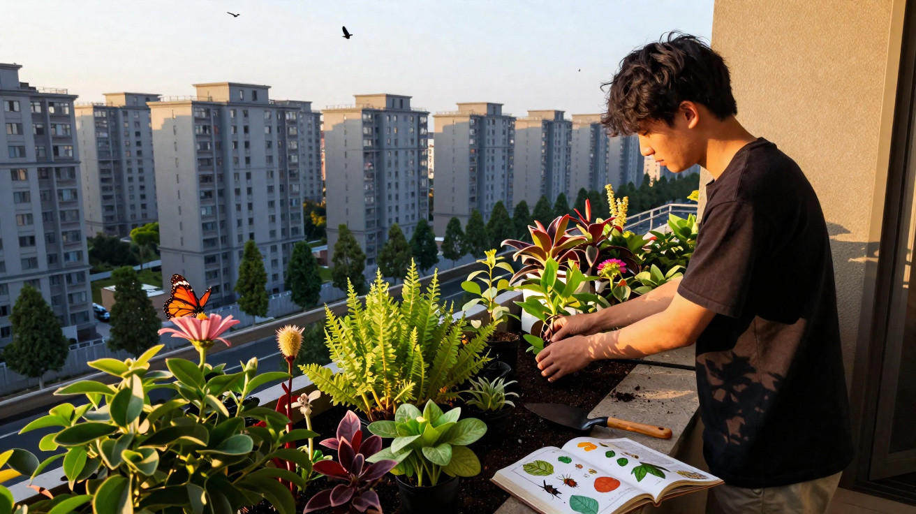 Homem cuidando de plantas em varanda com prédios ao fundo em fim de tarde ensolarado.