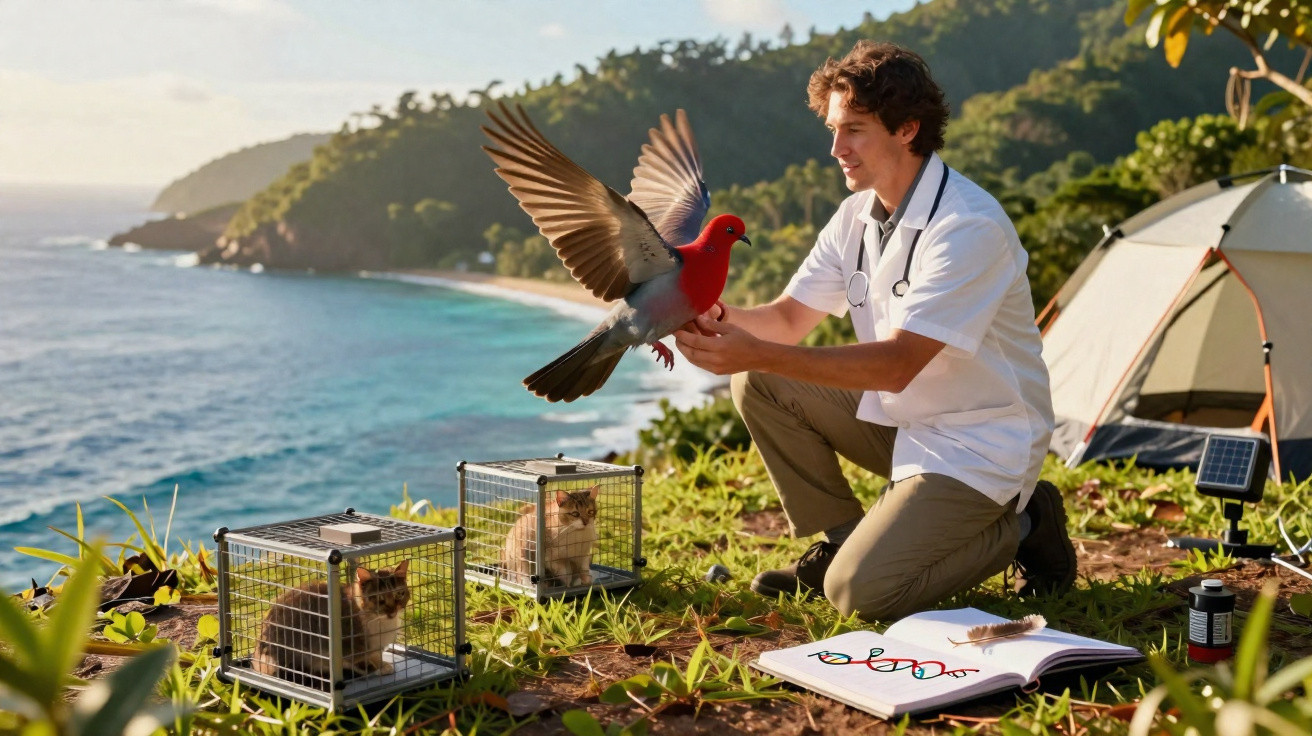 Veterinário em campo segurando ave vermelha próximo a gaiolas com gatos e livro aberto, com mar ao fundo.