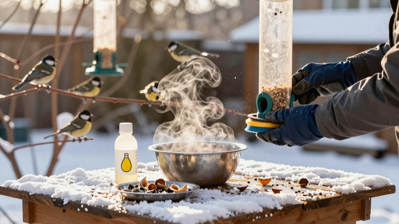 Pássaros se alimentando em comedouro, mãos com luvas servindo comida em mesa com neve e vapor quente.