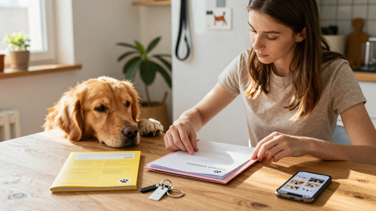Mulher lendo documentos à mesa enquanto cachorro repousa a cabeça olhando para os papéis.