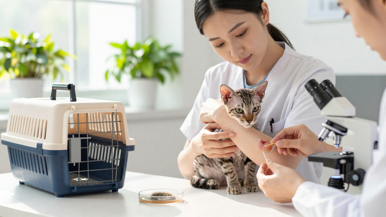 Veterinárias examinando e coletando amostra de pele de gato em clínica com microscópio e caixa de transporte.