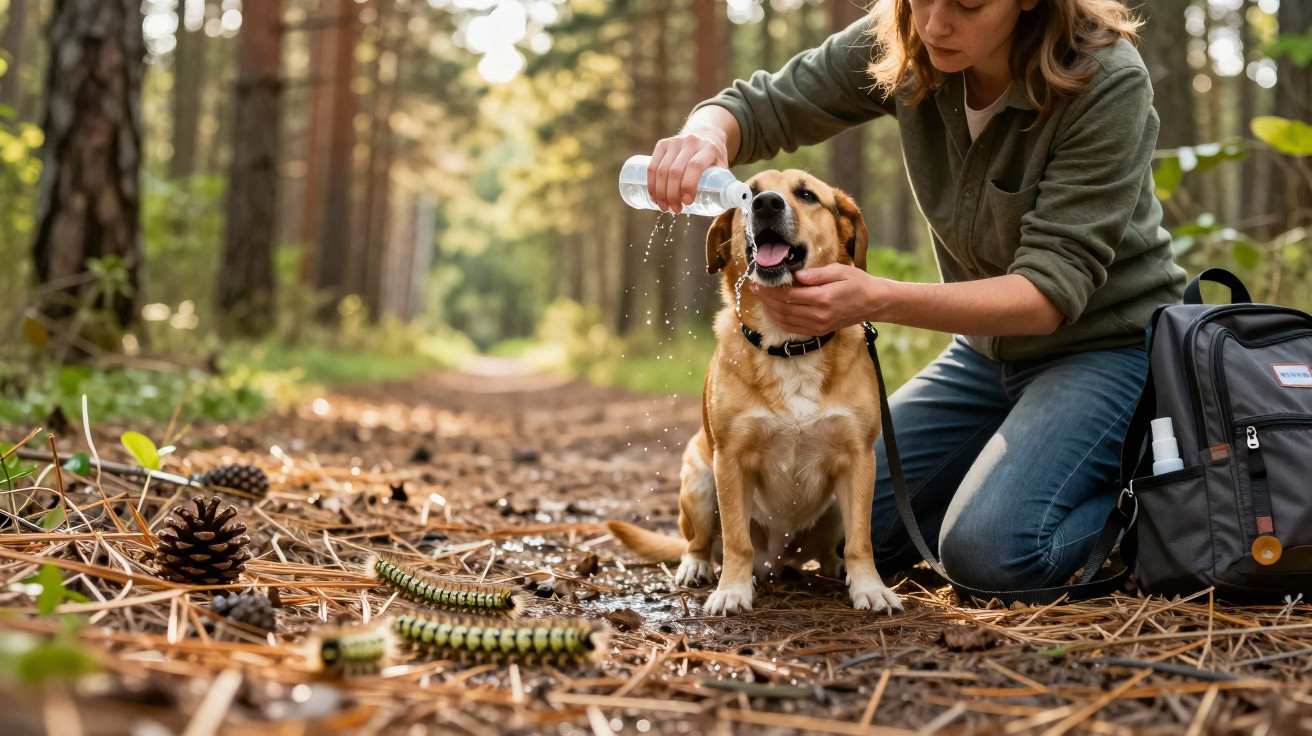 Pessoa derrama água na boca de cachorro em trilha na floresta com mochila ao lado.