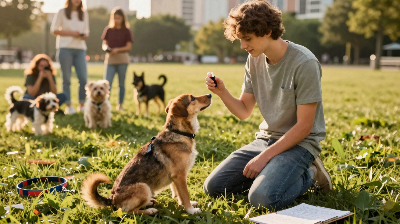 Jovem ajoelhado treinando cachorro sentado em parque com outras pessoas e cães ao fundo.