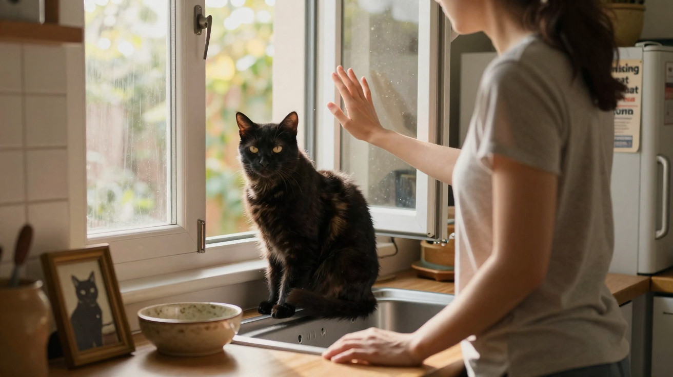 Gato preto sentado em pia na cozinha olhando para mulher que toca vidro da janela aberta.