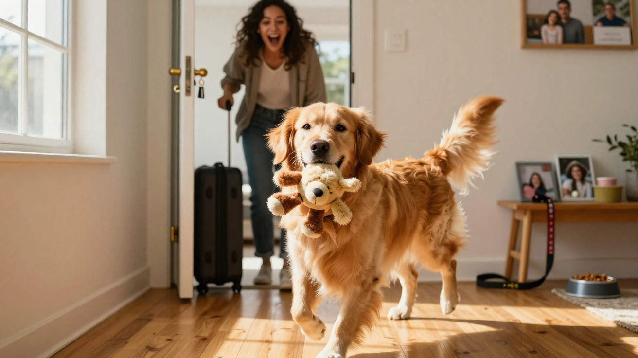 Cachorro golden retriever carregando brinquedo de pelúcia, com mulher sorrindo ao fundo entrando em casa.